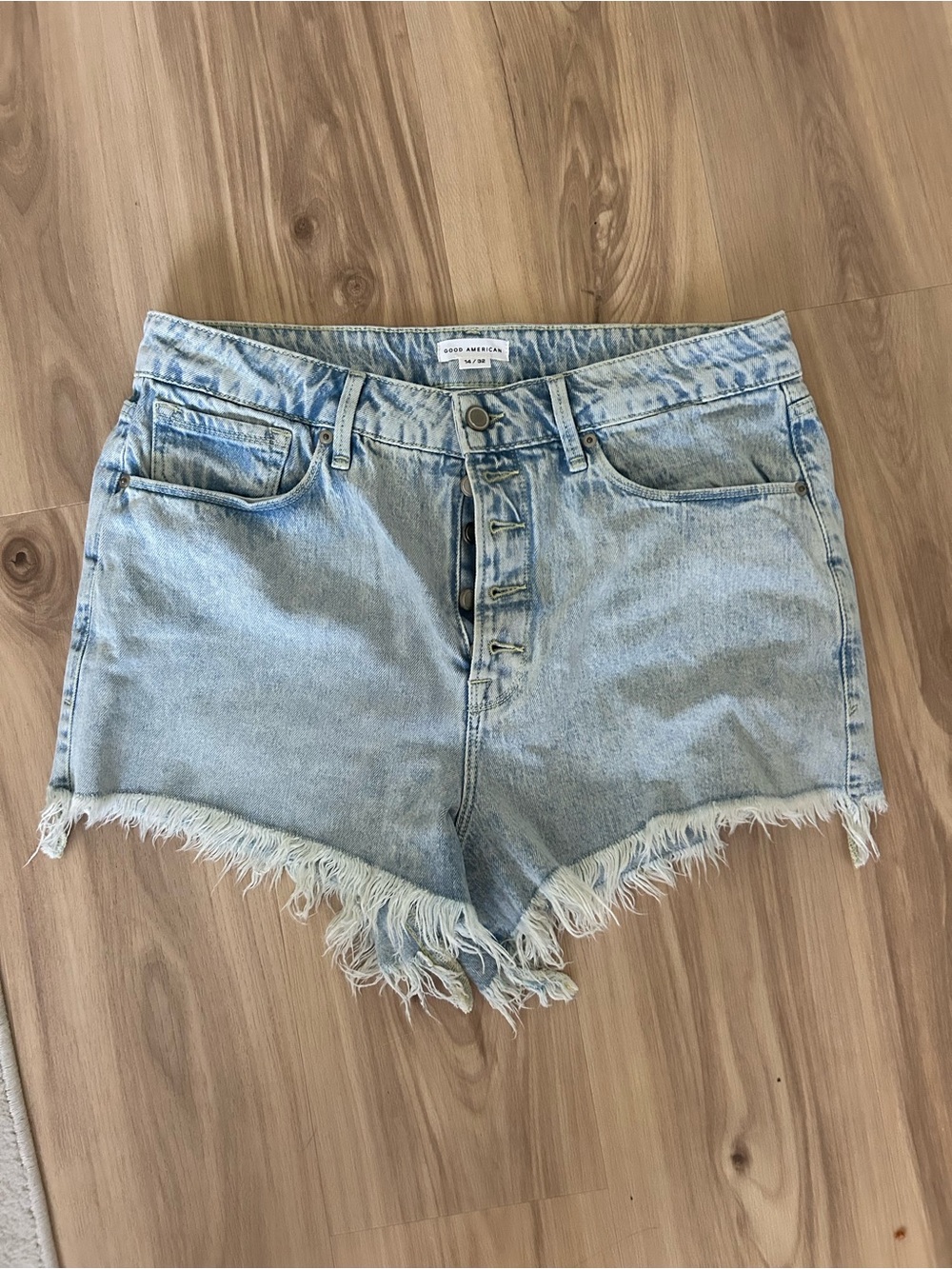 Good American Light Blue High-Rise Button-Fly Denim Shorts